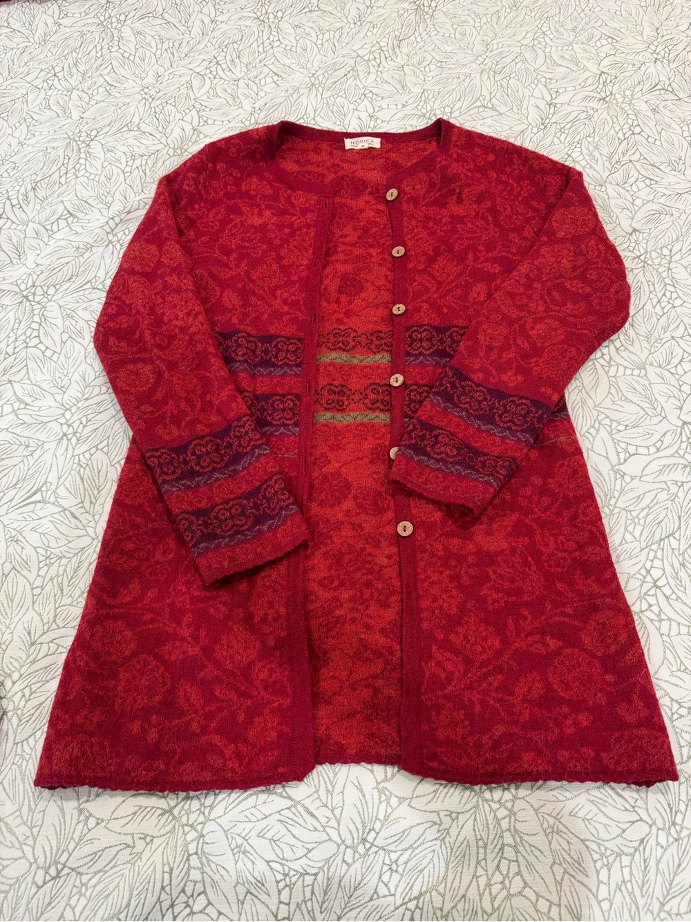 Novice Red Patterned Long Cardigan Jacket